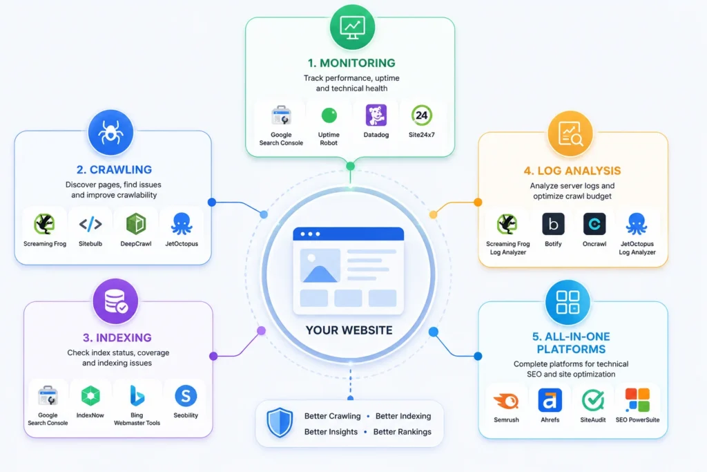 Five categories of SEO tools connected around a central website icon