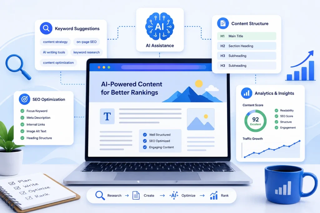 : "Dashboard mockup comparing AI On-Page SEO tools with content optimization scores"