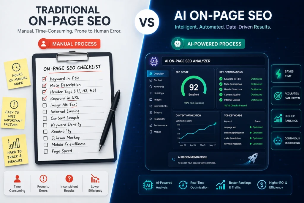 Comparison graphic of traditional on-page SEO versus AI On-Page SEO tools