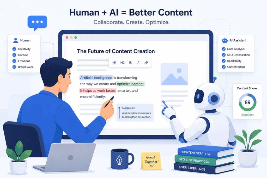 Illustration of a person and AI robot collaborating on content editing