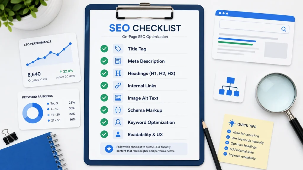 Flat-lay style AI On-Page SEO checklist with completed checkmarks