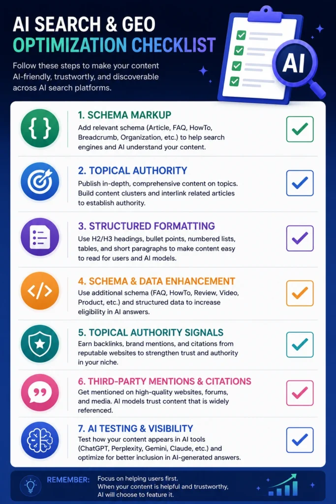: "AI Search Optimization checklist graphic with completed checkmarks"