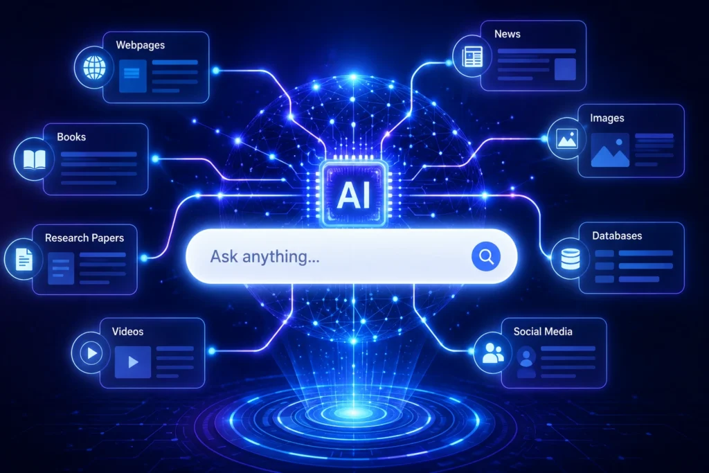 AI Search Optimization illustration showing a search bar connected to glowing AI data nodes
