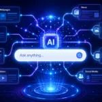 AI Search Optimization illustration showing a search bar connected to glowing AI data nodes