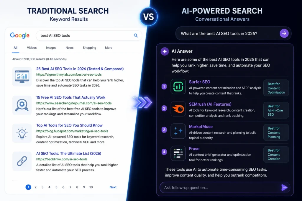 "Diagram comparing traditional SEO as a single ranked link versus AI search blending multiple sources"
