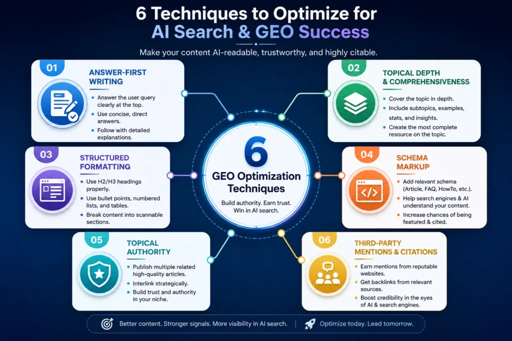 "Infographic of six AI Search Optimization techniques including schema markup and topical authority"