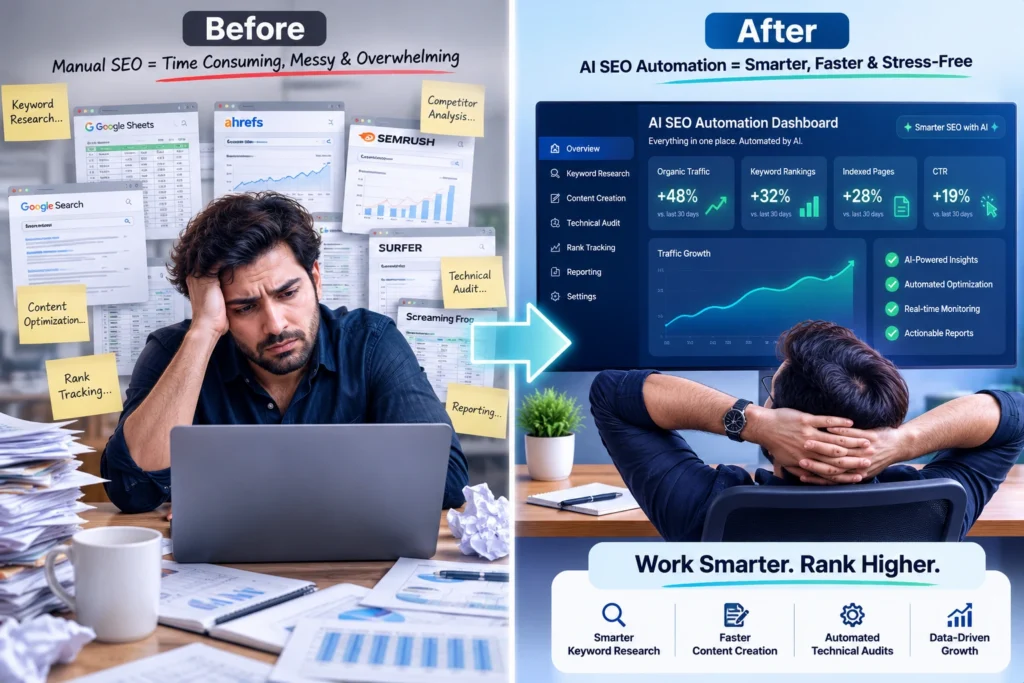 Writer comparing a manual SEO checklist to an AI optimization dashboard