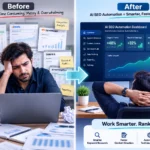 Writer comparing a manual SEO checklist to an AI optimization dashboard
