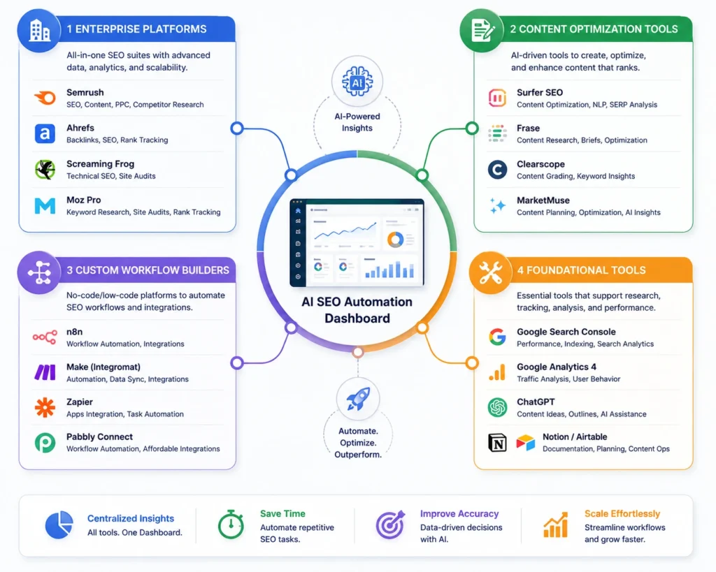 Four categories of SEO automation tools arranged around a dashboard icon