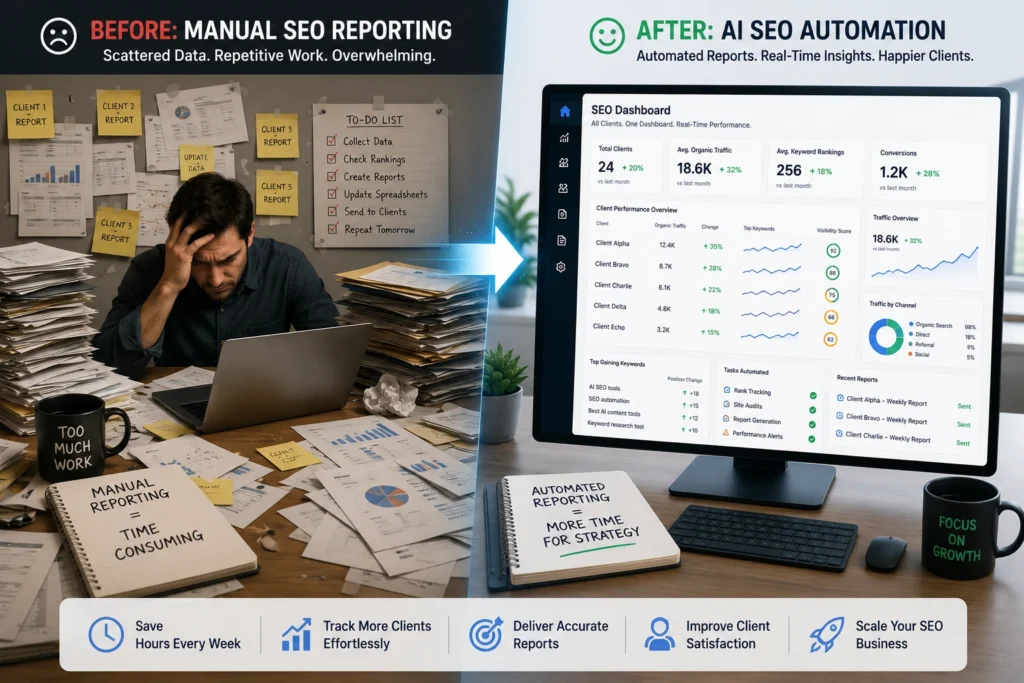 Cluttered client reports transforming into an organized automated dashboard