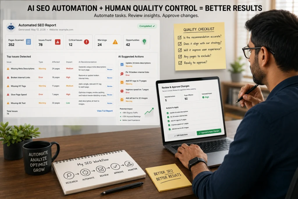 Marketer reviewing an automated SEO report before approving changes