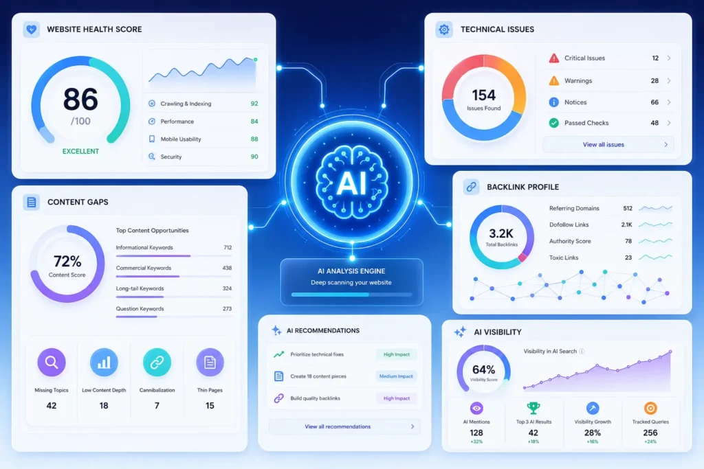 AI SEO audit dashboard showing website health score and issue categories