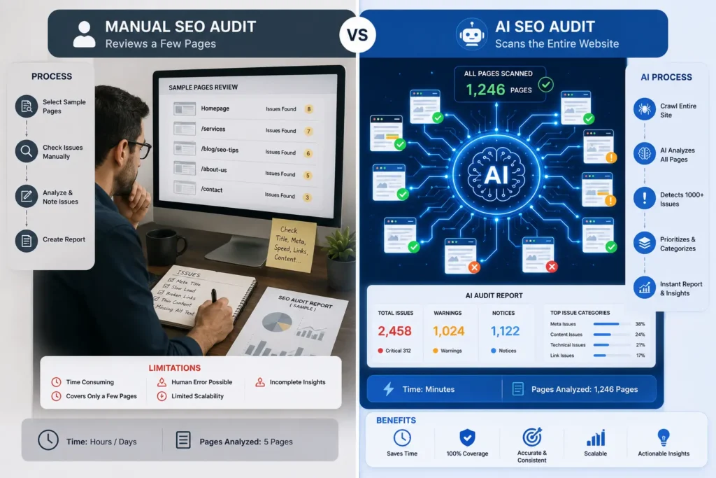 SEO audit comparison: manual page sampling versus full AI site scan
