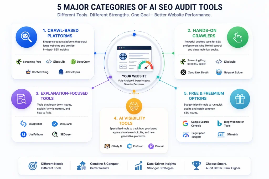 AI audit tools compared across five categories for website optimization