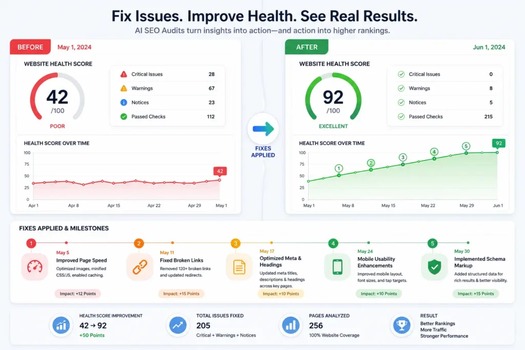 Website health score improving over time with fix milestones marked