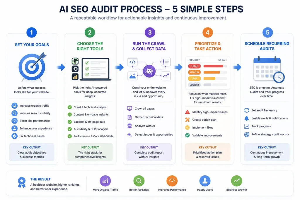 Five-step process for running an SEO audit, from goals to recurring scans