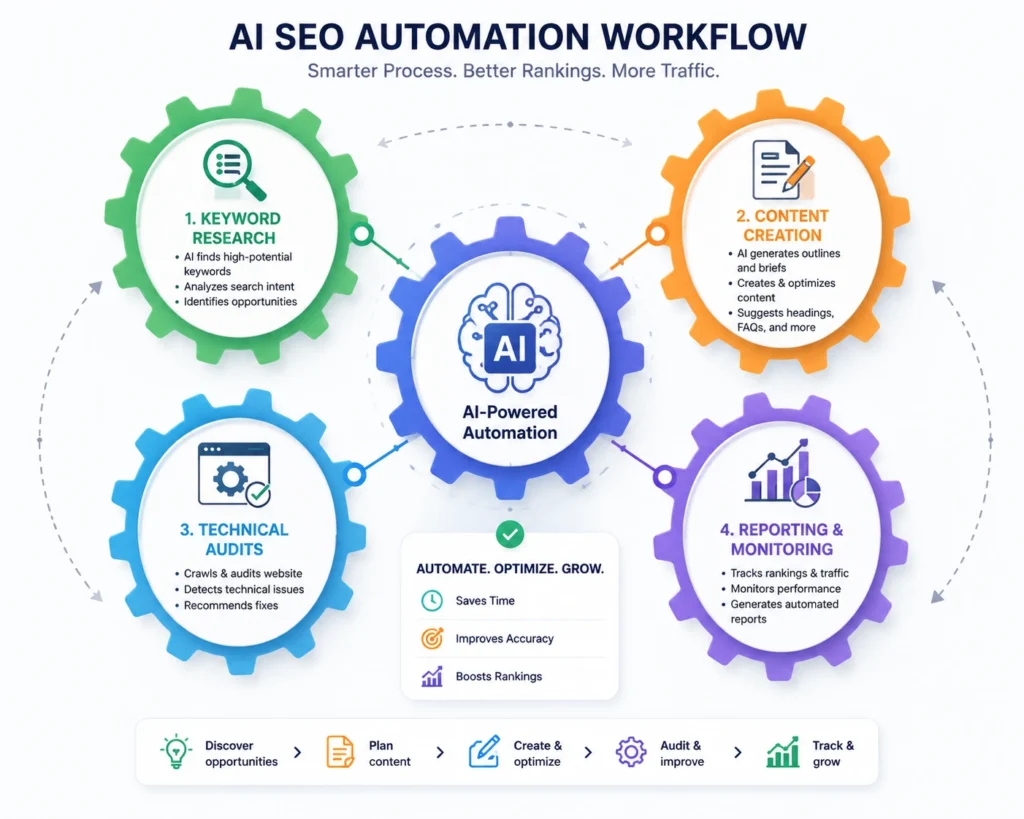 AI SEO automation workflow connecting research, content, and reporting stages