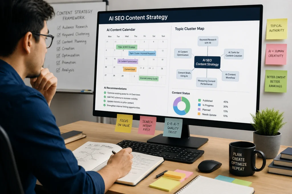 AI SEO content strategy planning shown on a strategist's monitor