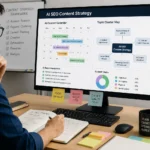AI SEO content strategy planning shown on a strategist's monitor