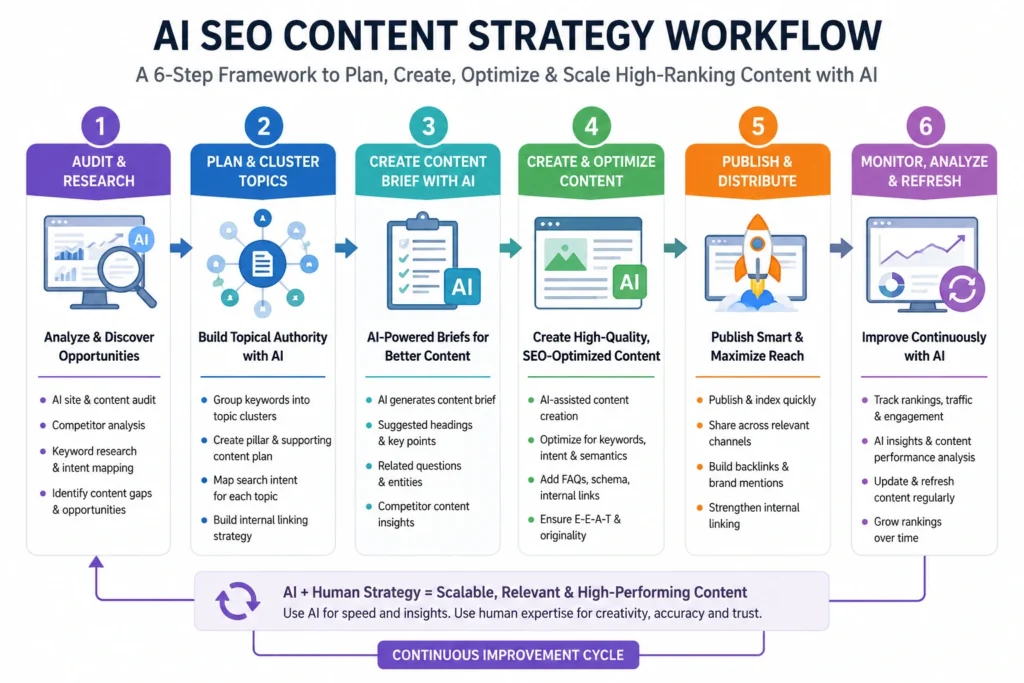 AI SEO content strategy workflow diagram showing six steps