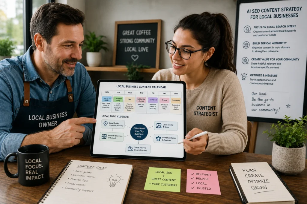 Local business owner reviewing a content calendar on a tablet