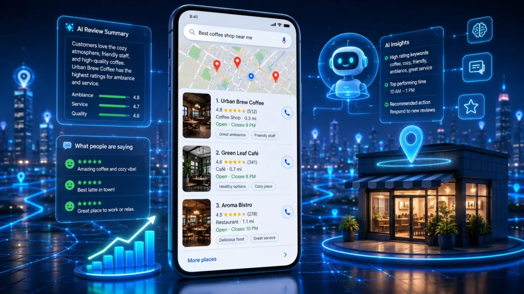 AI SEO for local business shown through a local map pack search result