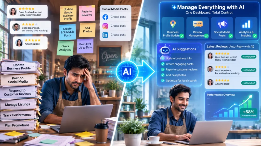 Business owner comparing manual local SEO tasks to an AI dashboard