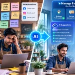 Business owner comparing manual local SEO tasks to an AI dashboard