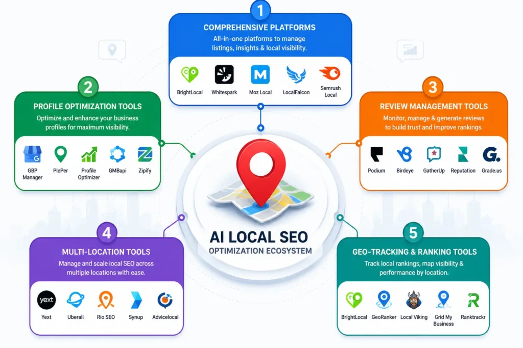 Five categories of AI local SEO tools arranged around a map pin icon