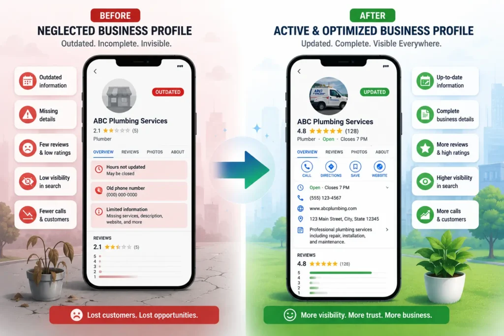 Neglected business profile transforming into an active, updated one