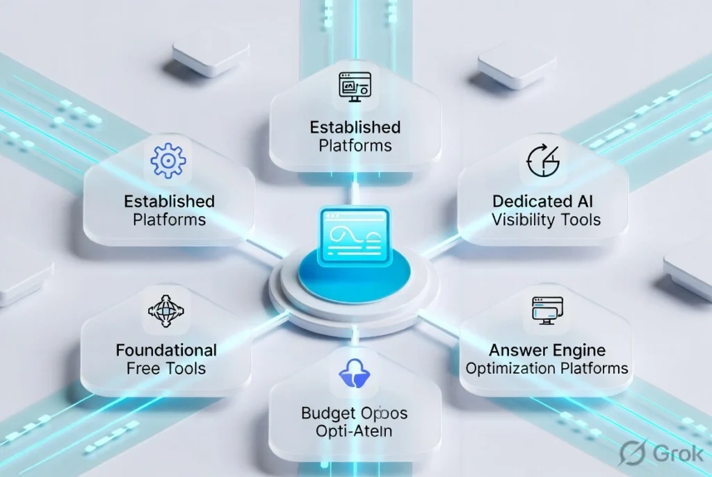 Five categories of SEO analytics tools arranged around a dashboard icon
