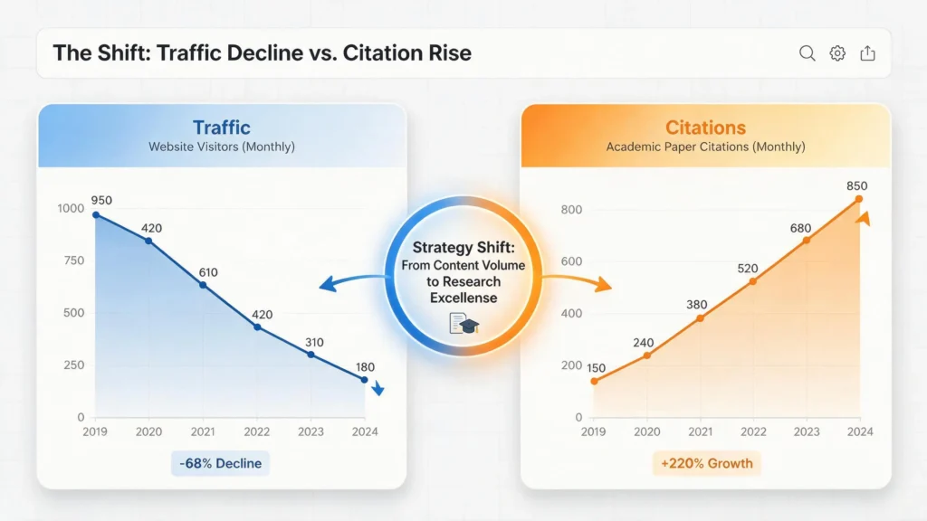 Traffic decline chart shown alongside a rising AI citation frequency chart