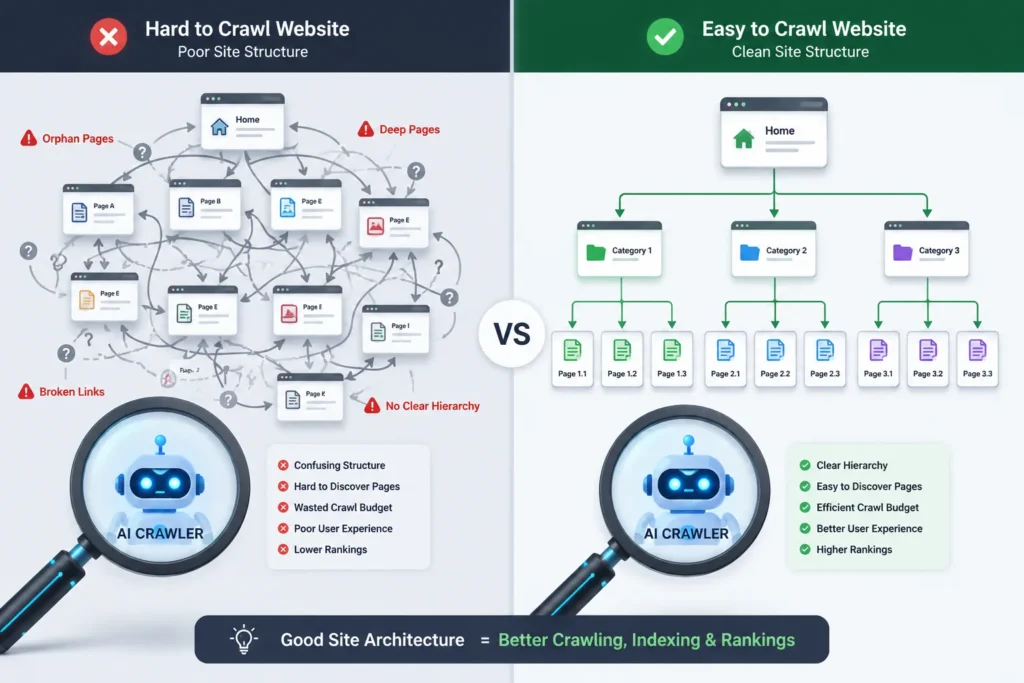 Comparison of a tangled website structure versus a clean, crawlable site architecture