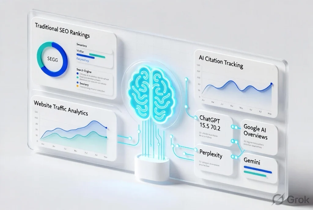 AI SEO analytics dashboard showing rankings, traffic, and citation tracking
