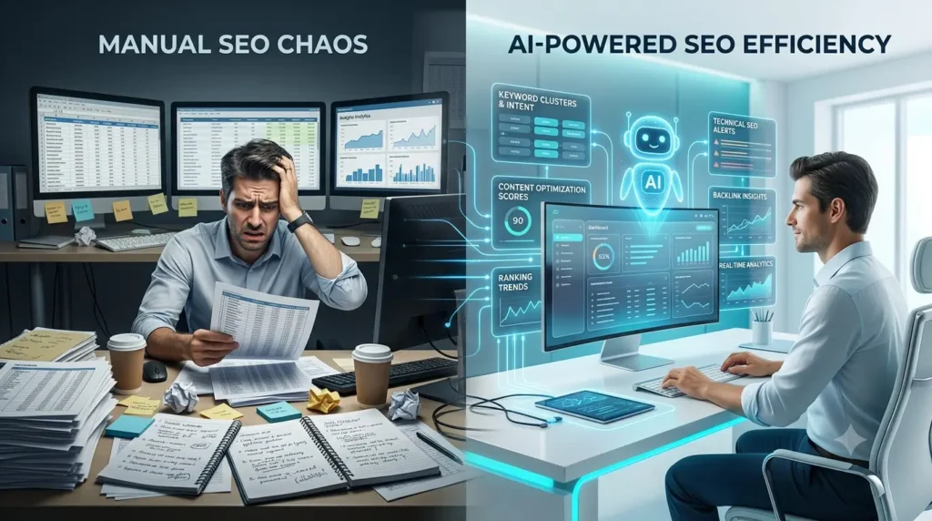 Marketer comparing manual SEO tasks to automated workflows