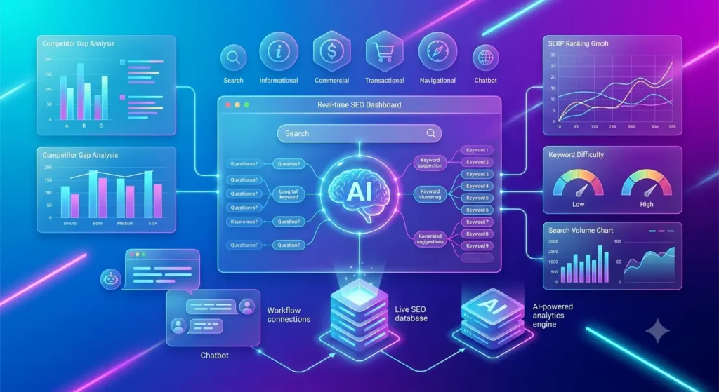 AI for keyword research dashboard showing keyword clustering and SEO data