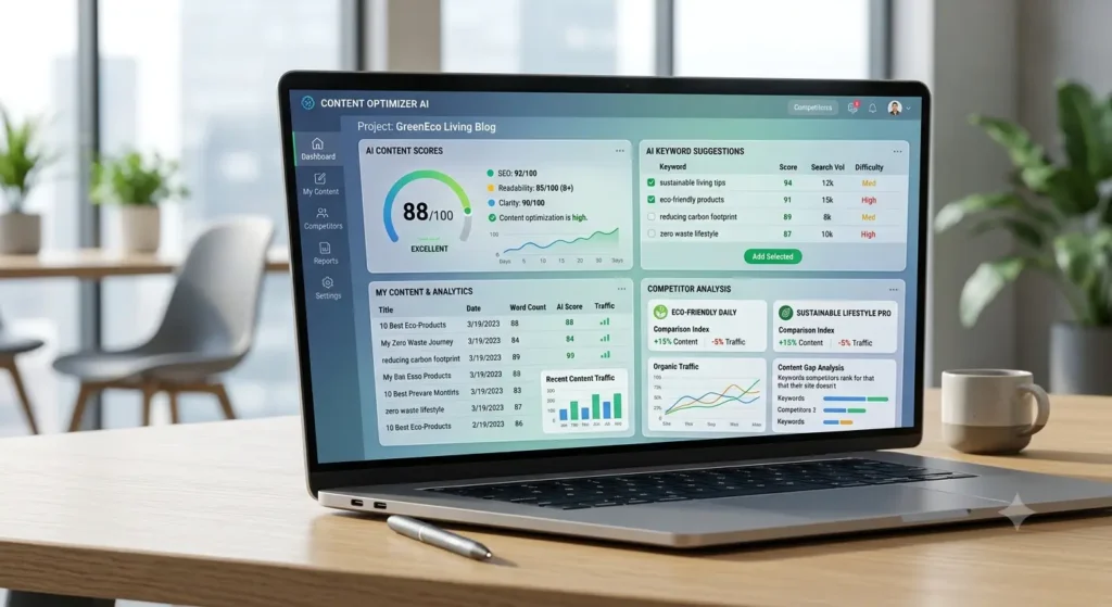 A modern dashboard showing AI-powered content scores, keyword suggestions, and competitor analysis on a laptop screen
