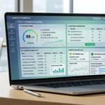 A modern dashboard showing AI-powered content scores, keyword suggestions, and competitor analysis on a laptop screen