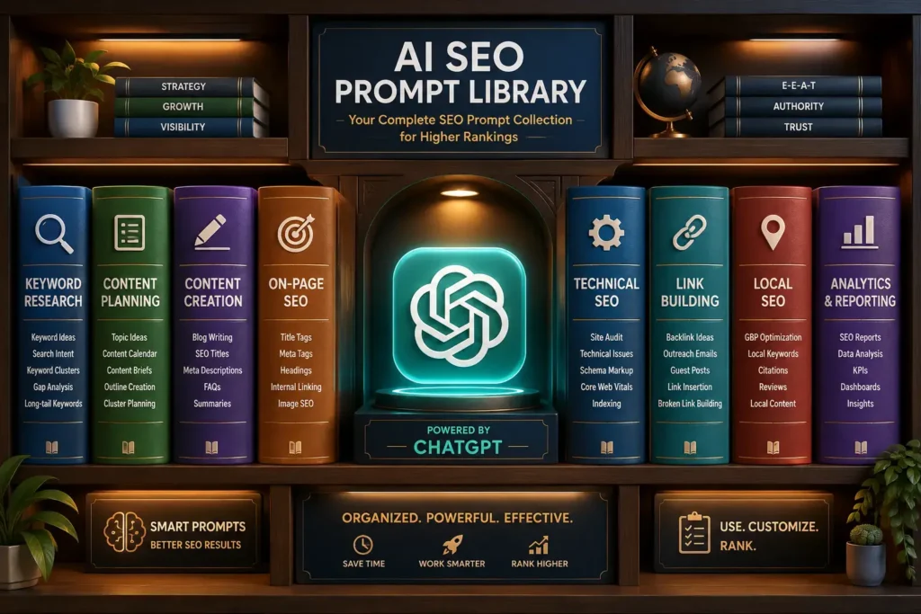 AI SEO prompt library shelf organized by keyword research, content, and technical SEO