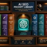 AI SEO prompt library shelf organized by keyword research, content, and technical SEO