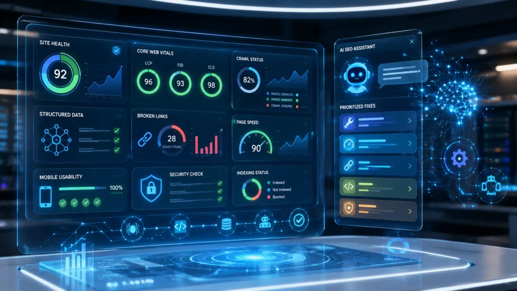 Technical SEO checklist reviewed alongside an AI chat interface
