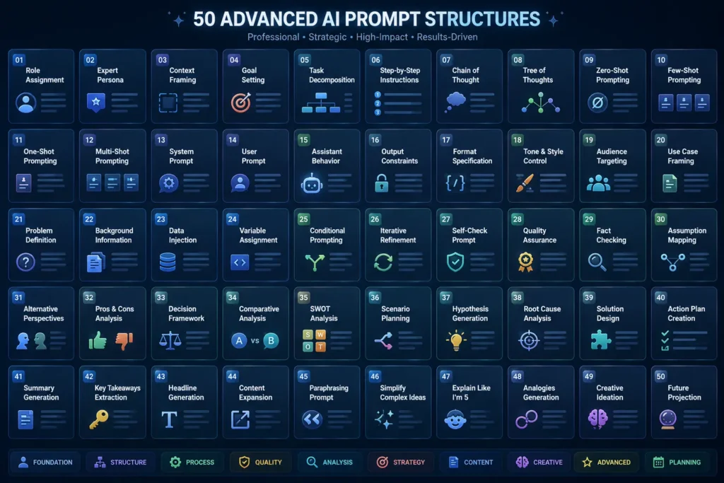 Grid of advanced AI SEO prompt templates arranged like a card catalog