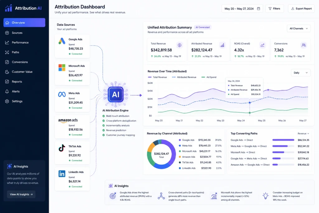 Attribution dashboard summarizing revenue across multiple ad platforms