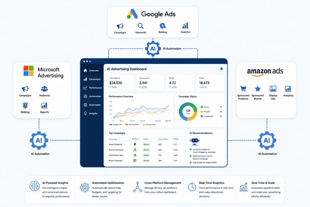 AI PPC automation dashboard connecting Google, Microsoft, and Amazon ads