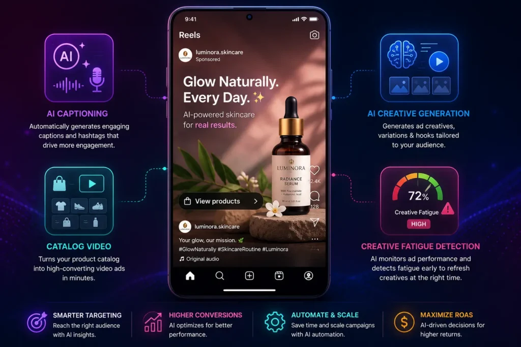 AI Instagram Ads Reel with product tag and AI creative icons