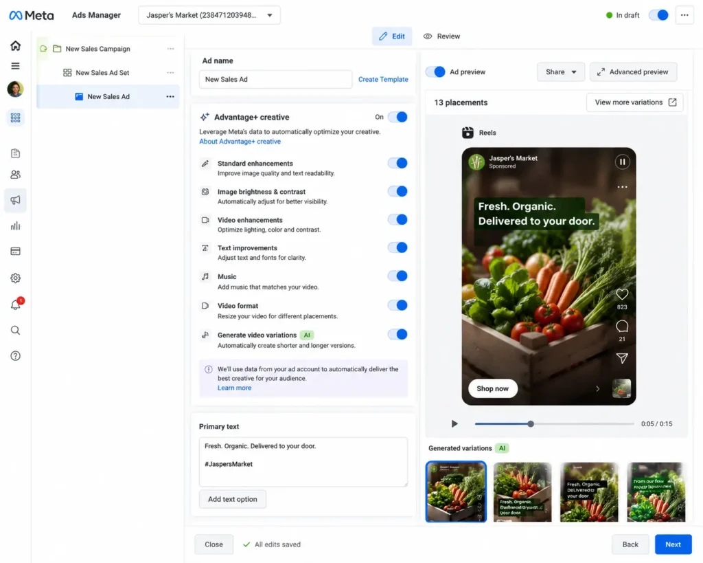 AI Instagram Ads: Meta Ads Manager showing Advantage+ Creative generating a video variation
