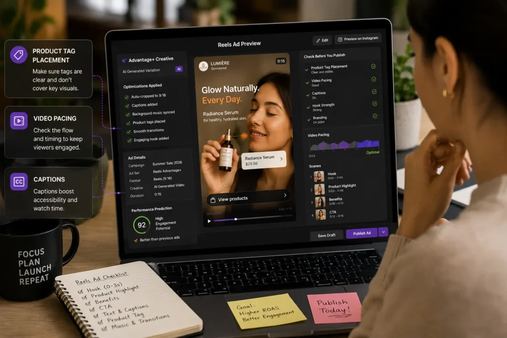 AI Instagram Ads marketer reviewing an AI-generated Reels ad before publishing