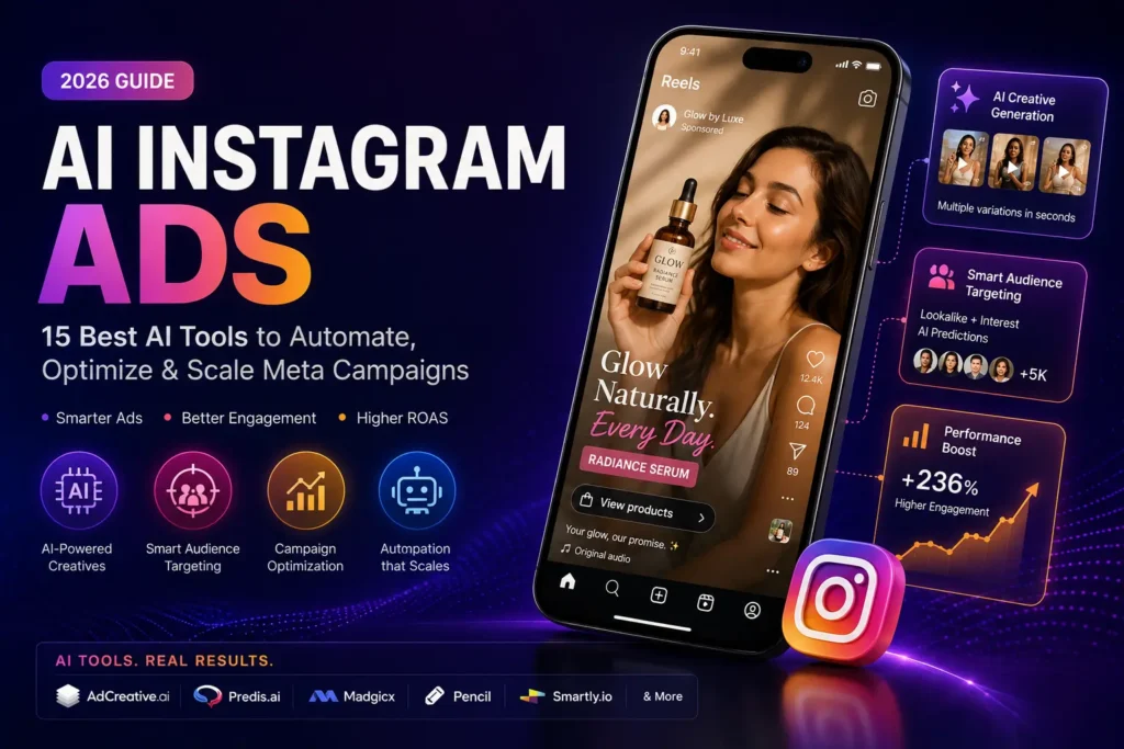 AI Instagram Ads dashboard with Instagram Reels ad, AI creative generation, smart audience targeting, campaign optimization, and Meta advertising analytics