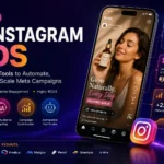 AI Instagram Ads dashboard with Instagram Reels ad, AI creative generation, smart audience targeting, campaign optimization, and Meta advertising analytics