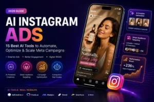 AI Instagram Ads dashboard with Instagram Reels ad, AI creative generation, smart audience targeting, campaign optimization, and Meta advertising analytics